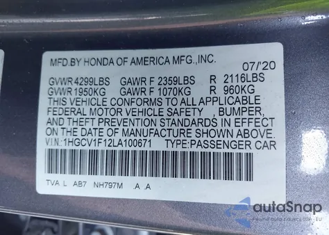 2020 Honda Accord Lx из США, поврежденный, VIN 1HGCV1F12LA100671